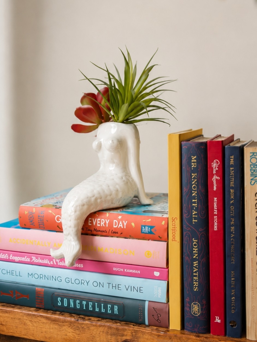 White Ceramic Mermaid Planter with Green Faux Succulent